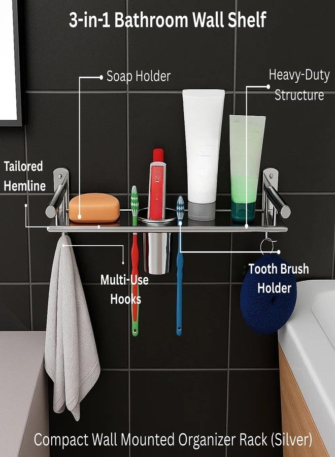 Well Set Stainless Steel 3-in-1 Bathroom Wall Shelf | Multipurpose Soap Holder with Toothbrush & Tumbler Stand | Compact Wall Mounted Organizer Rack for Bathroom (Silver) - Image 3